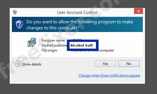 Screenshot where Alcohol Soft appears as the verified publisher in the UAC dialog